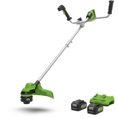 A green and black bike handle brush cutter with a 38 cm cutting width, equipped with two 24V batteries.