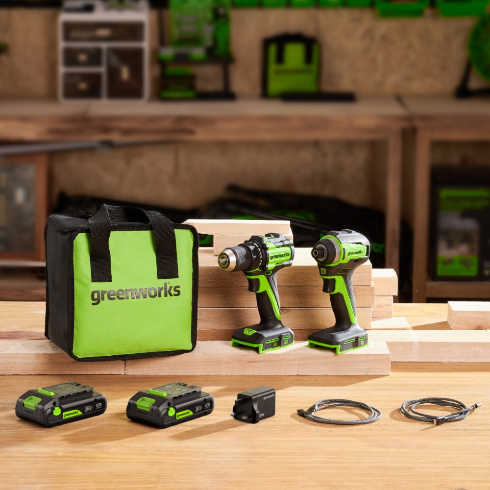 24V Trapano 45Nm + Avvitatore a percussione 220Nm Kit - 2x Batterie 2Ah