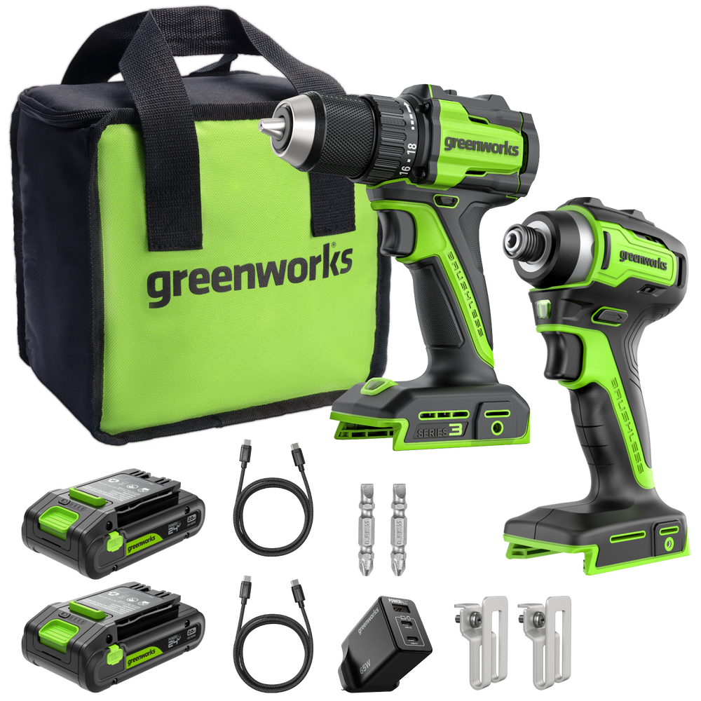 24V Trapano 45Nm + Avvitatore a percussione 220Nm Kit - 2x Batterie 2Ah