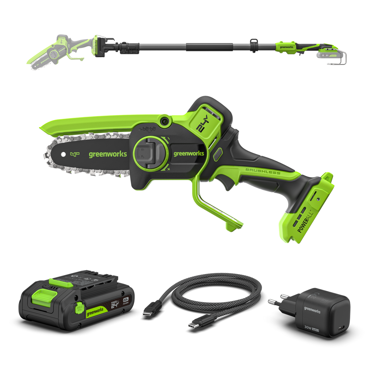 POWERALL 24V Mini Motosega 10cm Gen. II con asta di prolunga - Batteria 2Ah
