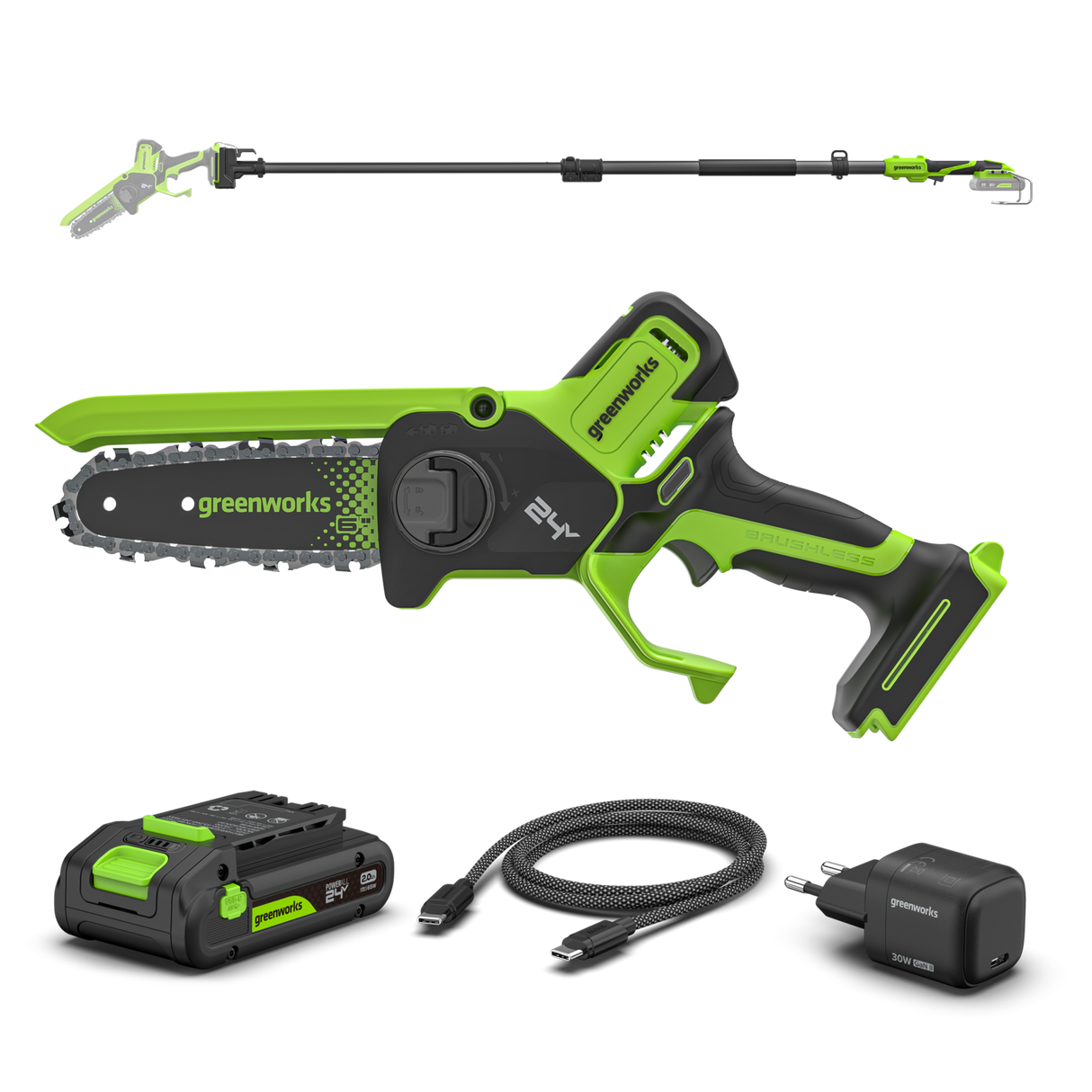 POWERALL 24V Mini Motosega 15cm Gen. II con asta di prolunga - Batteria 2Ah