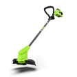 A Greenworks 24V grass trimmer with a black handle and green body, featuring a 25cm cutting width.