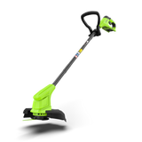A Greenworks 24V grass trimmer with a black handle and green body, featuring a 25cm cutting width.
