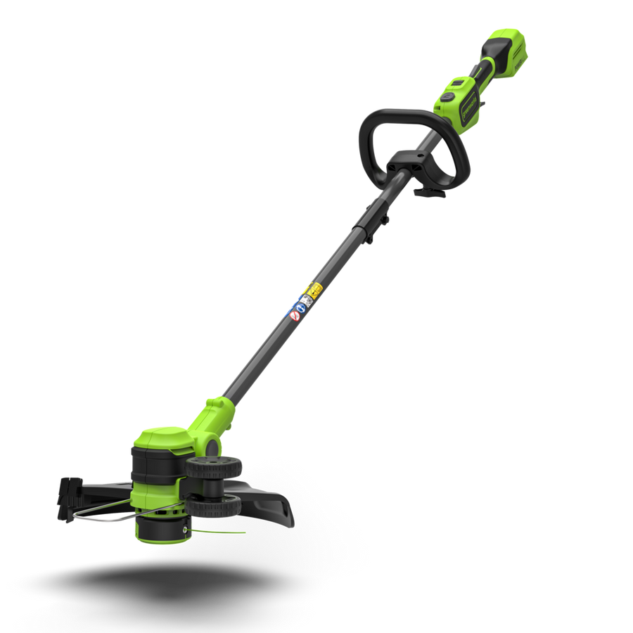 A black and green 24V grass trimmer with a 33cm cutting width, including a blade and line, powered by a 4Ah battery.