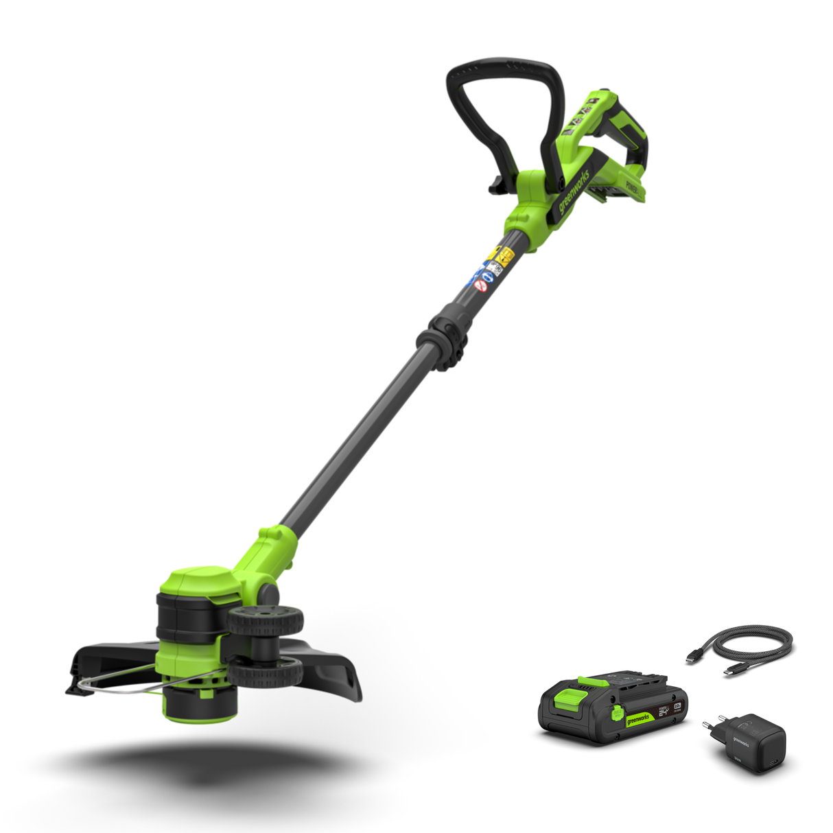 Green and black string trimmer with battery and charger on a white background